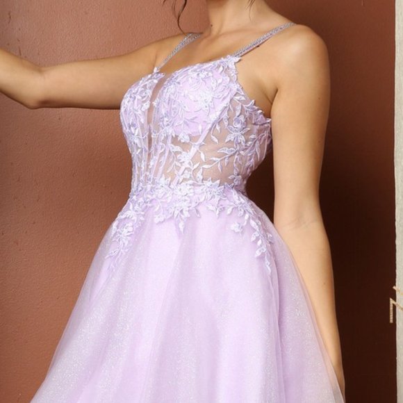 NEW LILAC OFF THE SHOULDER SLEEVELESS EMBROIDERY MINI GOWN WITH STRAPS NX T724 - Picture 8 of 11